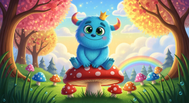 Um monstrinho azul fofo com coroa sentado em um cogumelo vermelho em uma floresta m&aacute;gica e colorida com arco-&iacute;ris.