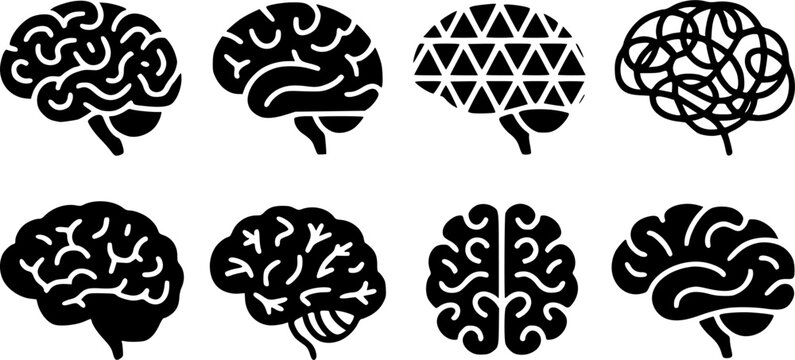 Human brain vector icon set with anatomy side view top view abstract geometric triangle and tangled line confusion solid silhouette elements isolated on white background for mental health