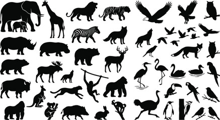 Wild animals and birds silhouettes collection vector set with elephant tiger lion deer eagle owl flamingo and monkey for wildlife design decoration © JetandroNath
