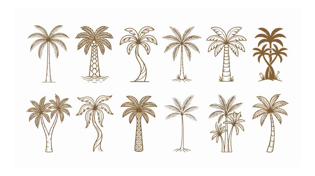 Vintage palm tree vector icons, hand drawn tropical coconut tree sketches, set of 12 brown line art palm trees for summer vacation branding