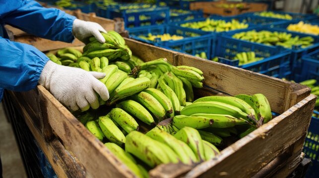 Worker in gloves sorting green bananas into wooden crates in a food processing warehouse