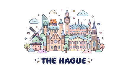 Naklejka premium Charming artistic illustration of The Hague cityscape featuring iconic buildings and whimsical clouds capturing the city's