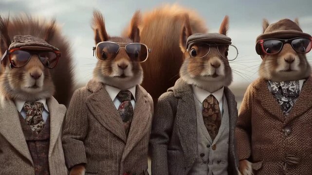 Four stylish anthropomorphic squirrels dressed in elegant tweed suits and vintage glasses