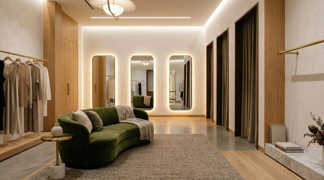 Modern luxury clothing boutique interior with green velvet sofa and mirrors