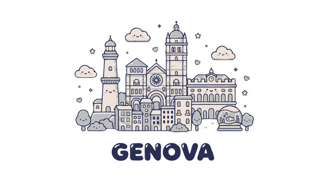 Whimsical illustration of the historic cityscape of Genoa, showcasing its iconic architecture and charming skyline in a playful