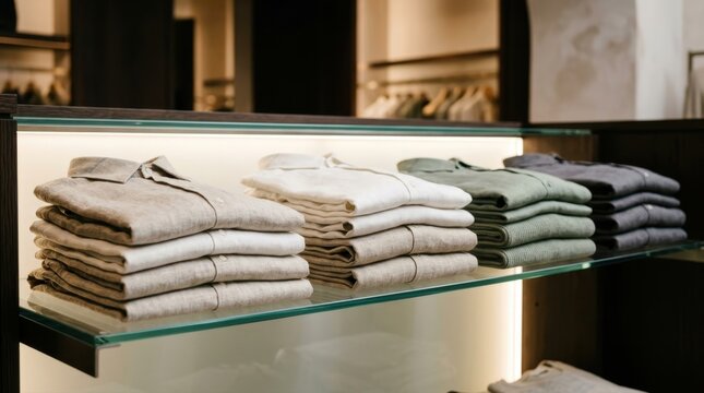 Neatly folded linen shirts stacked on a glass shelf in a clothing store