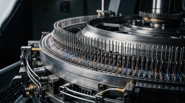 Closeup of a circular knitting machine in operation in a textile factory