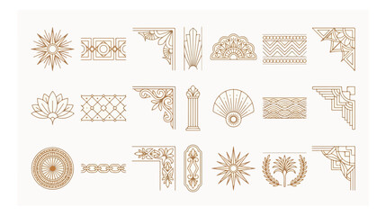 Art Deco gold line ornaments, vintage geometric border elements and corner frames set, elegant 1920s luxury decorative vector graphics © HayeGareebi