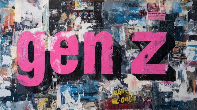 Gen Z text in bright pink on grungy urban collage background with street art elements