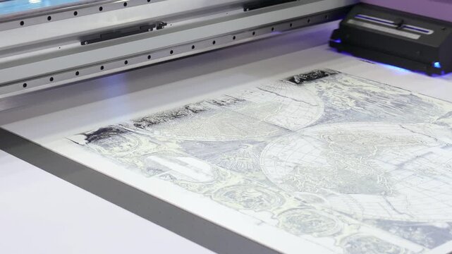 Large format printer head moving across sheet of paper printing detailed map illustration close up footage.