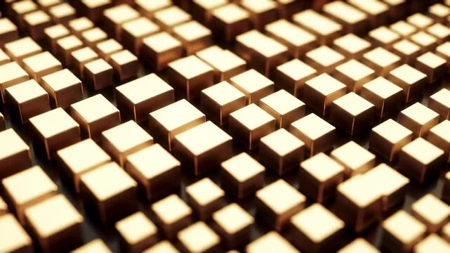Golden cubes rising and falling in a rhythmic pattern, abstract geometric background with shallow depth of field, gold texture, digital art, motion background
