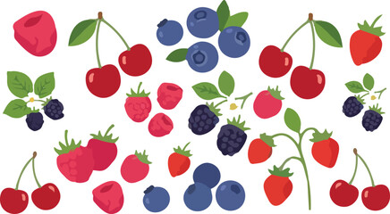 Sweet summer berry mix collection flat vector design containing healthy organic food graphics of blueberry strawberry blackberry raspberry and cherry branch elements © Mousumi