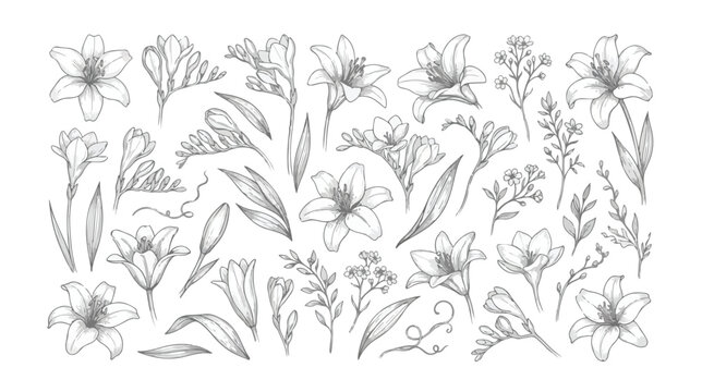 Vintage botanical line art collection, hand drawn lily and freesia floral sketches, elegant black and white flower vector set for wedding invitations