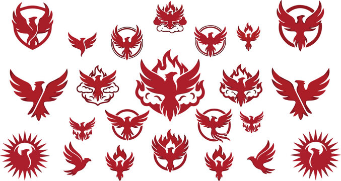 Red flaming bird emblem set reminiscent of Team Valor Moltres icon illustration featuring stylized heraldic eagle wings shield and sun crest designs