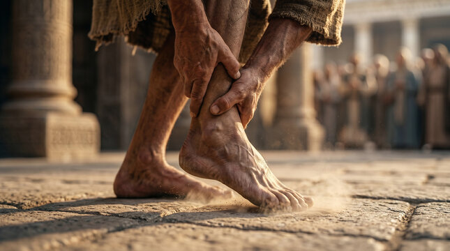 Apostle Peter helping crippled man at temple gate. Historical biblical scene showing miracle of healing described in Acts 3. Religious reenactment of ancient faith and divine grace