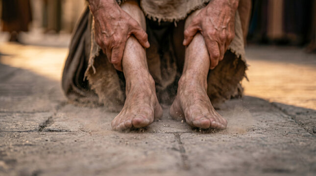 Apostle Peter helping crippled man at temple gate. Historical biblical scene showing miracle of healing described in Acts 3. Religious reenactment of ancient faith and divine grace