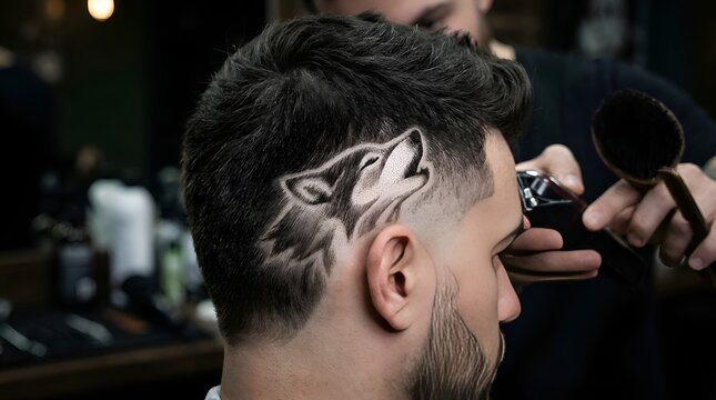 Barber cutting customer's hair with wolf design concept.