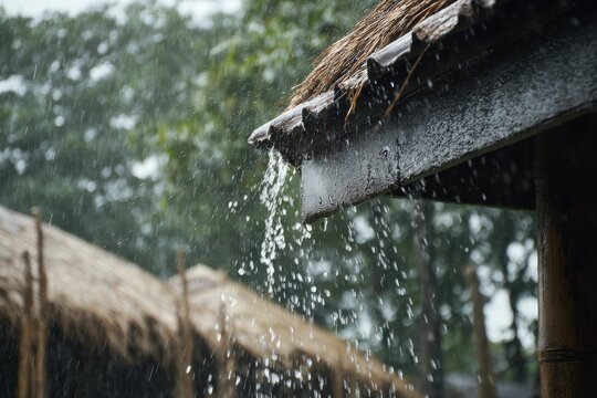 Rainwater dripping from a traditional thatched roof during a heavy downpour, with blurred green trees in the background.