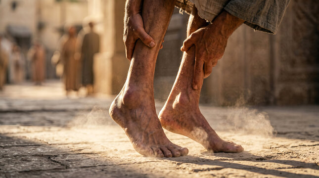 Apostle Peter helping crippled man at temple gate. Historical biblical scene showing miracle of healing described in Acts 3. Religious reenactment of ancient faith and divine grace