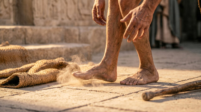 Apostle Peter helping crippled man at temple gate. Historical biblical scene showing miracle of healing described in Acts 3. Religious reenactment of ancient faith and divine grace
