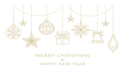 Christmas ornaments hanging in a line feature festive gold baubles and stars against a clean white background with space for holiday greetings. © Adam