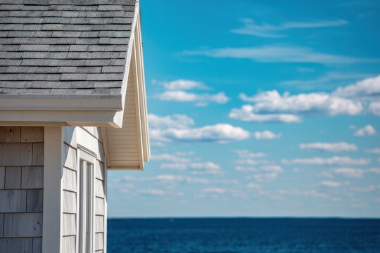 Coastal cottage roof and cedar shingle siding overlooking a deep blue ocean under a clear sky