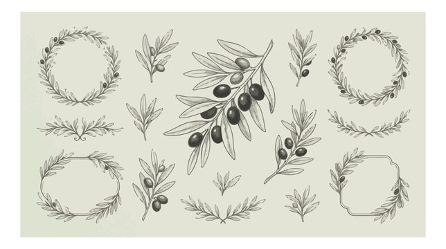Vintage olive branch vector set, hand drawn botanical wreaths and floral borders, elegant black and white olive oil packaging design elements