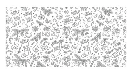 Fototapeta premium Christmas pattern features hand-drawn illustrations of festive stockings, gift boxes, and pine branches.