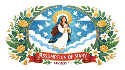 Virgin Mary stands in heaven surrounded by flying white doves and floral wreaths to celebrate the Feast of the Assumption on August 15. © Adam