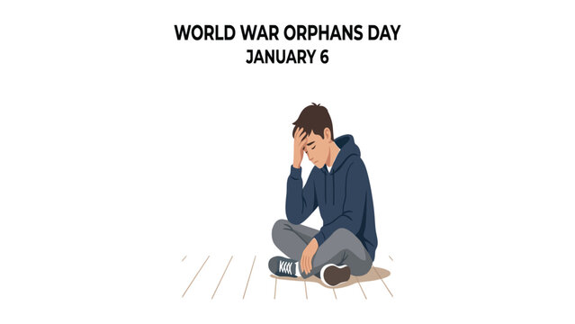 Boy sits alone on the floor with his head in his hands to represent the emotional struggle and loneliness associated with World War Orphans Day.