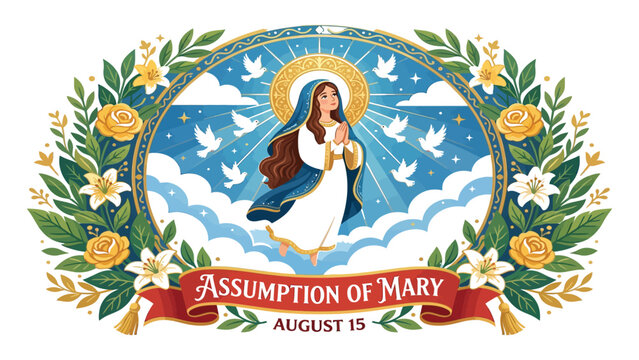 Virgin Mary stands in heaven surrounded by flying white doves and floral wreaths to celebrate the Feast of the Assumption on August 15.