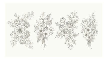 Vintage hand drawn floral bouquets, set of 4 botanical line art illustrations, elegant rose and wildflower sketches for wedding invitations © HayeGareebi