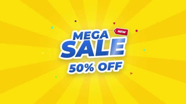 Mega sale banner with 50 off text on yellow background