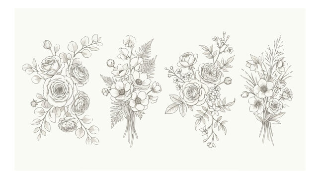 Vintage hand drawn floral bouquets, set of 4 botanical line art illustrations, elegant rose and wildflower sketches for wedding invitations