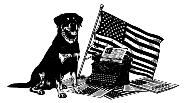 Ink sketch of a rottweiler dog sitting next to an antique typewriter and flag