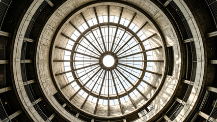 Obraz premium symmetrical look up shot of a circular concrete atrium skylight with brutalist ribbing creating radiating geometric lines of light and shadow across the curved frame