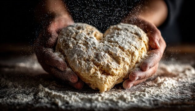 Hands holding heart-shaped bread covered in flour, with a sprinkle of flour falling in the background on a wooden surface, creating a rustic kitchen atmosphere