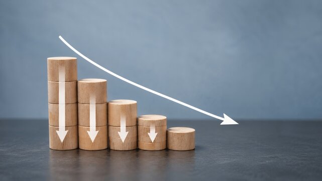 Declining Interest Rates and Economic Slowdown Concept with Percentage Symbols on Wooden Columns and Downward Trend Arrow Representing Financial Market Changes