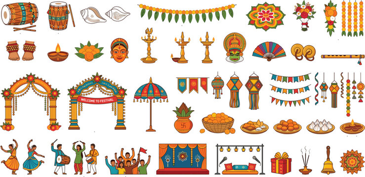 Traditional Indian festival celebration and cultural performance decoration elements flat line icon set bundle vector illustration
