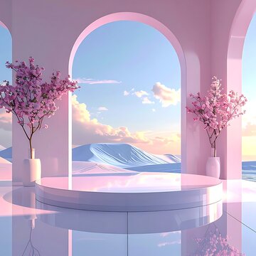 A serene pink room with arched windows overlooking a snowy landscape