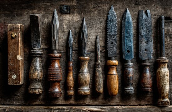 Collection of various woodworking tools including chisels and gouges arranged on a rustic wooden surface with visible grain and texture
