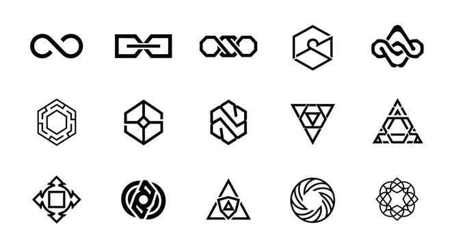 Set of abstract geometric line art symbols, infinity signs, and interlocking shapes for minimalist modern design, isolated white background.