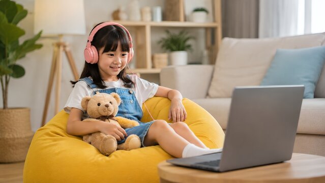 Happy Little Girl Attending Online Learning Class on Laptop at Home, Wearing Headphones and Holding Teddy Bear, Remote Education, Virtual Classroom and Child Development