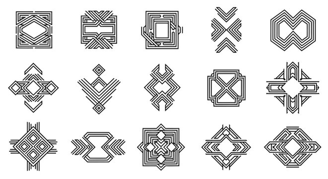 Collection of abstract geometric line art patterns, complex interwoven shapes and symbols for modern design, isolated white background.