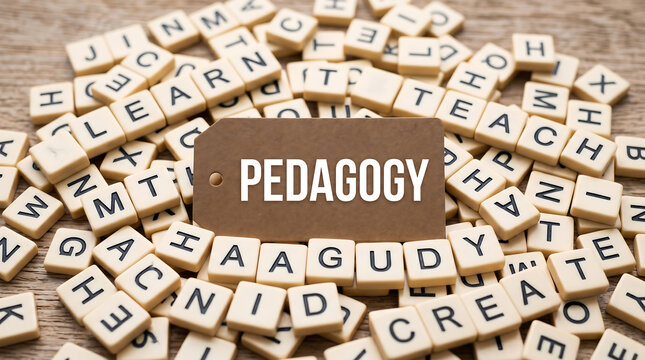 Pedagogy concept with wooden letter tiles, educational teaching methods on brown tag, academic learning and instruction background