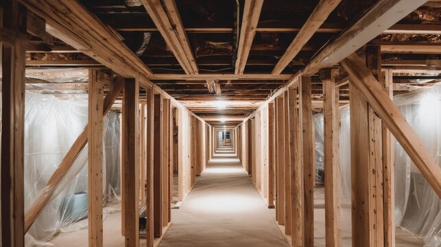 Unfinished basement corridor under construction with wooden framing and plastic sheeting