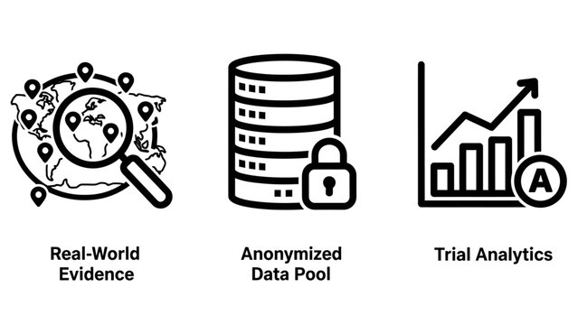 Business data icons showing real-world evidence anonymized data pool trial analytics with analytics business evidence research statistics information magnifying security analysis technology