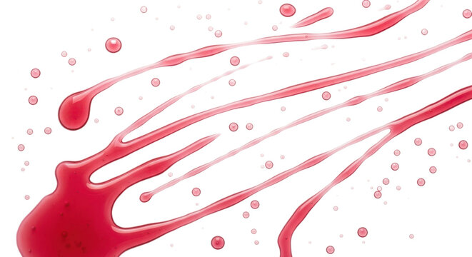 Vibrant red liquid splashes and droplets in dynamic motion against a clean white background