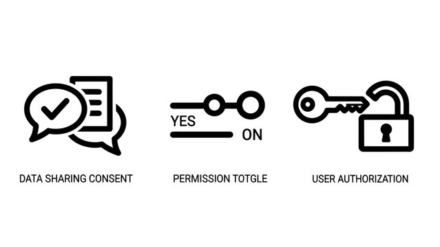 Set of digital privacy and data access control line icons with permission authorization security compliance agreement settings protection information interface business validation protocol
