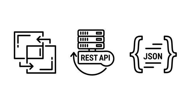 Data sync rest api and json format programming icons with programming software development technology architecture database internet computer information interface minimalist business